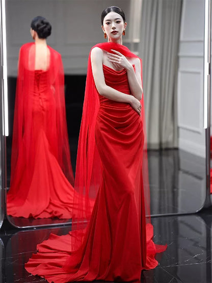 Hot Girls Strapless Mermaid Red Prom Dress Draped Formal Dress AP6955