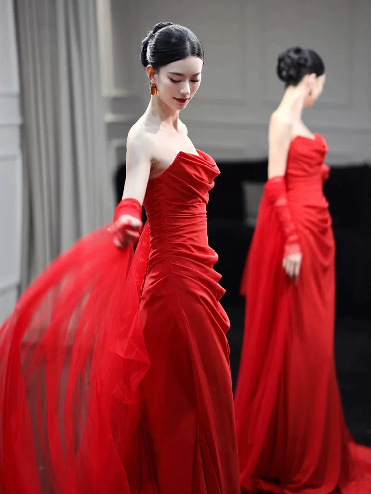 Hot Girls Strapless Mermaid Red Prom Dress Draped Formal Dress AP6955