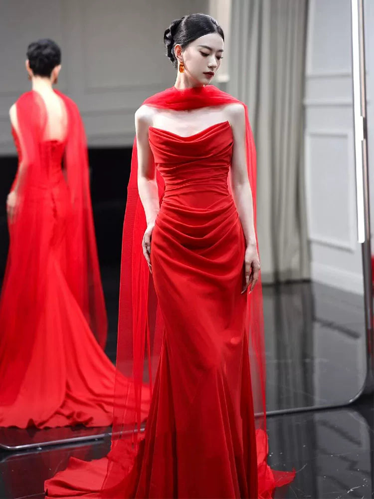 Hot Girls Strapless Mermaid Red Prom Dress Draped Formal Dress AP6955