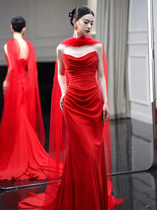 Hot Girls Strapless Mermaid Red Prom Dress Draped Formal Dress AP6955