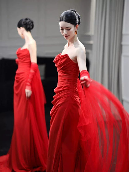 Hot Girls Strapless Mermaid Red Prom Dress Draped Formal Dress AP6955