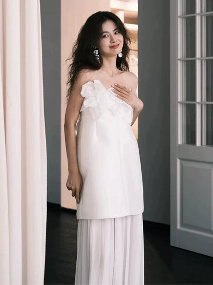 Gen Z Style Strapless Appliques Wedding Dress Flowy Tulle Sheath Bridal Dress AP6956