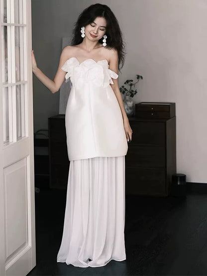 Gen Z Style Strapless Appliques Wedding Dress Flowy Tulle Sheath Bridal Dress AP6956