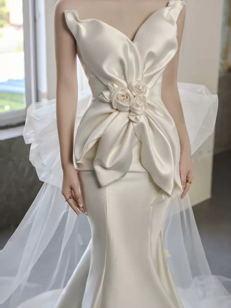 Casual Strapless Satin Mermaid Wedding Dress With Bow Train Tulle Appliques Bridal Dress AP6957
