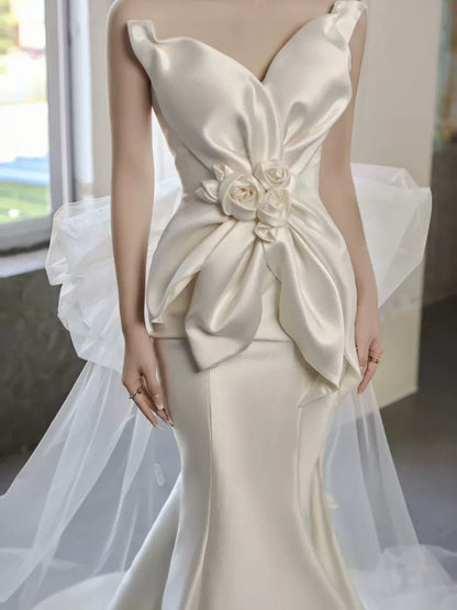 Casual Strapless Satin Mermaid Wedding Dress With Bow Train Tulle Appliques Bridal Dress AP6957