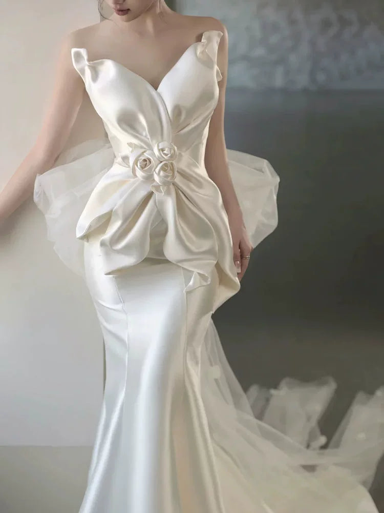 Casual Strapless Satin Mermaid Wedding Dress With Bow Train Tulle Appliques Bridal Dress AP6957