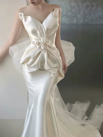 Casual Strapless Satin Mermaid Wedding Dress With Bow Train Tulle Appliques Bridal Dress AP6957