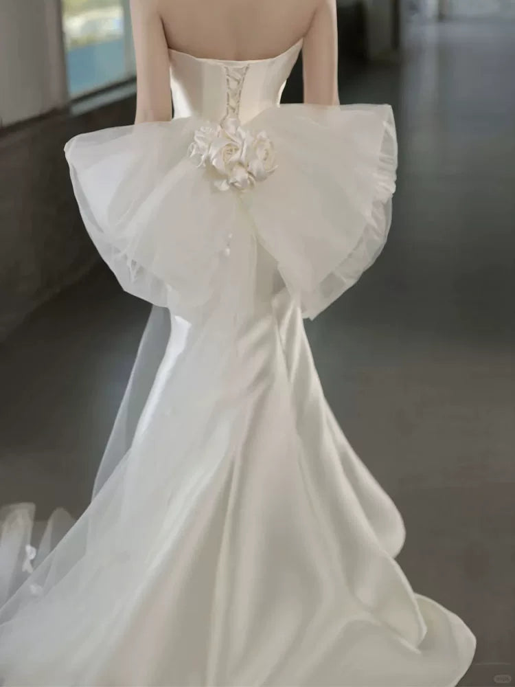 Casual Strapless Satin Mermaid Wedding Dress With Bow Train Tulle Appliques Bridal Dress AP6957