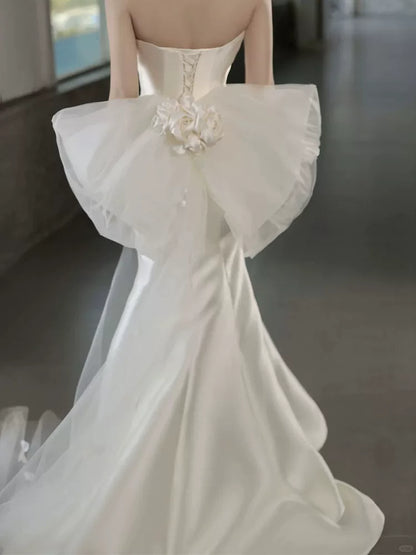 Casual Strapless Satin Mermaid Wedding Dress With Bow Train Tulle Appliques Bridal Dress AP6957