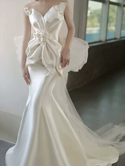 Casual Strapless Satin Mermaid Wedding Dress With Bow Train Tulle Appliques Bridal Dress AP6957