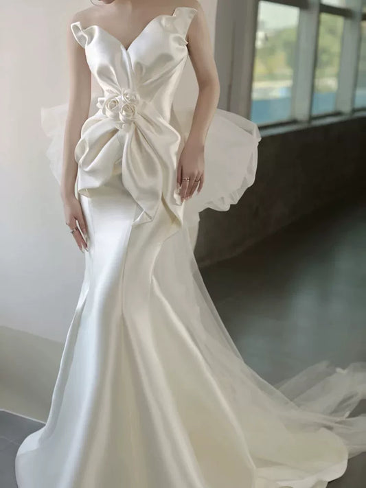 Casual Strapless Satin Mermaid Wedding Dress With Bow Train Tulle Appliques Bridal Dress AP6957