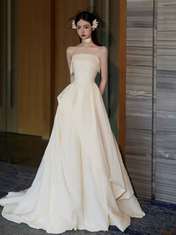 Y2K Style Strapless A-Line Ivory Wedding Dress Simple Slit Bridal Dress AP6959