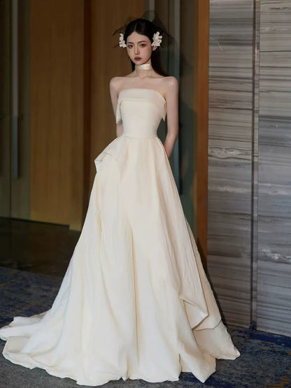 Y2K Style Strapless A-Line Ivory Wedding Dress Simple Slit Bridal Dress AP6959