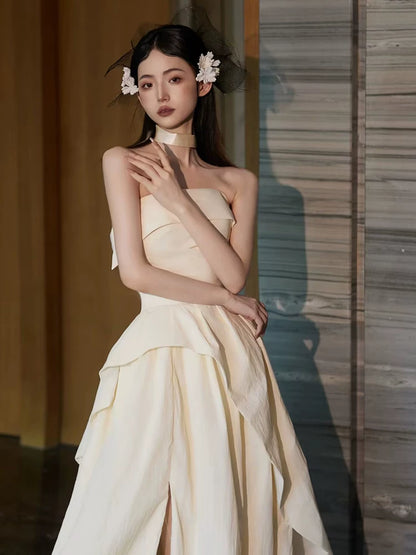 Y2K Style Strapless A-Line Ivory Wedding Dress Simple Slit Bridal Dress AP6959