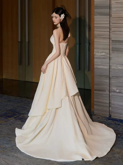 Y2K Style Strapless A-Line Ivory Wedding Dress Simple Slit Bridal Dress AP6959