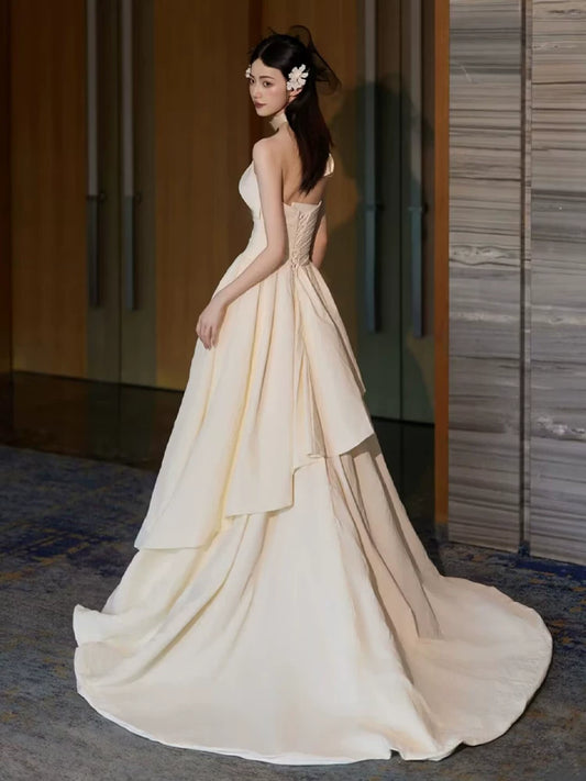Y2K Style Strapless A-Line Ivory Wedding Dress Simple Slit Bridal Dress AP6959