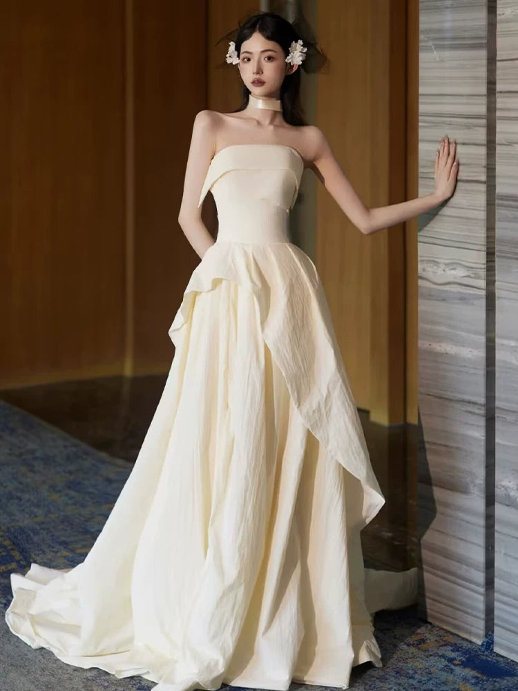 Y2K Style Strapless A-Line Ivory Wedding Dress Simple Slit Bridal Dress AP6959