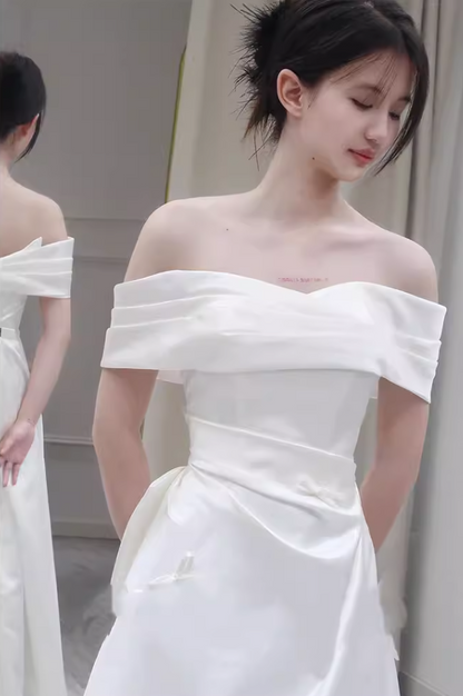 New Tendency Off-Shoulder A-Line Wedding Dress Simple Bows Satin Bridal Dress AP6960