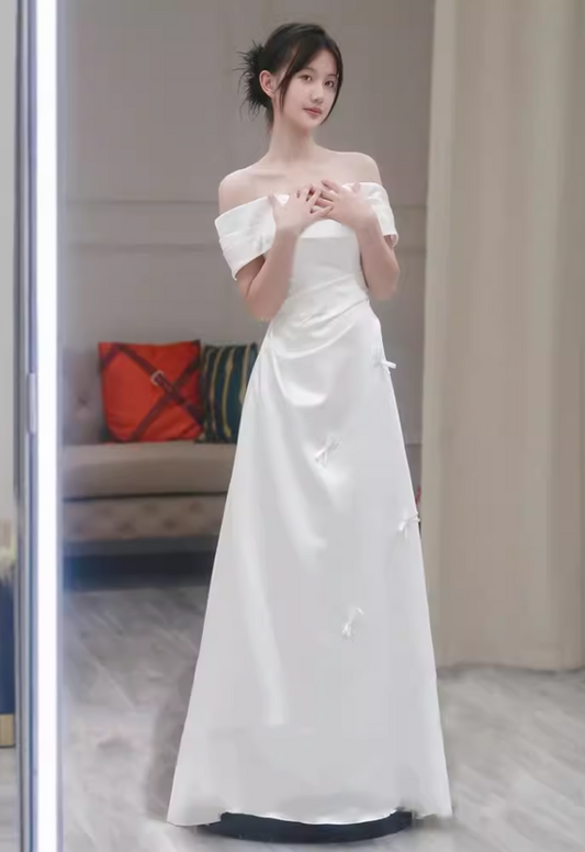 New Tendency Off-Shoulder A-Line Wedding Dress Simple Bows Satin Bridal Dress AP6960