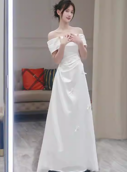 New Tendency Off-Shoulder A-Line Wedding Dress Simple Bows Satin Bridal Dress AP6960