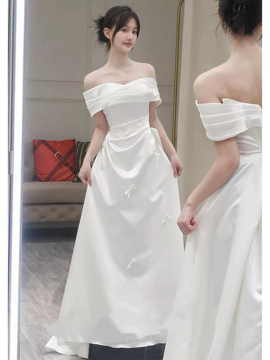 New Tendency Off-Shoulder A-Line Wedding Dress Simple Bows Satin Bridal Dress AP6960