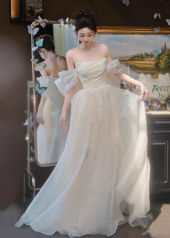 Fairy Off-Shoulder Bodice Wedding Dress Appliques A-Line Tulle Bridal Dress AP6961