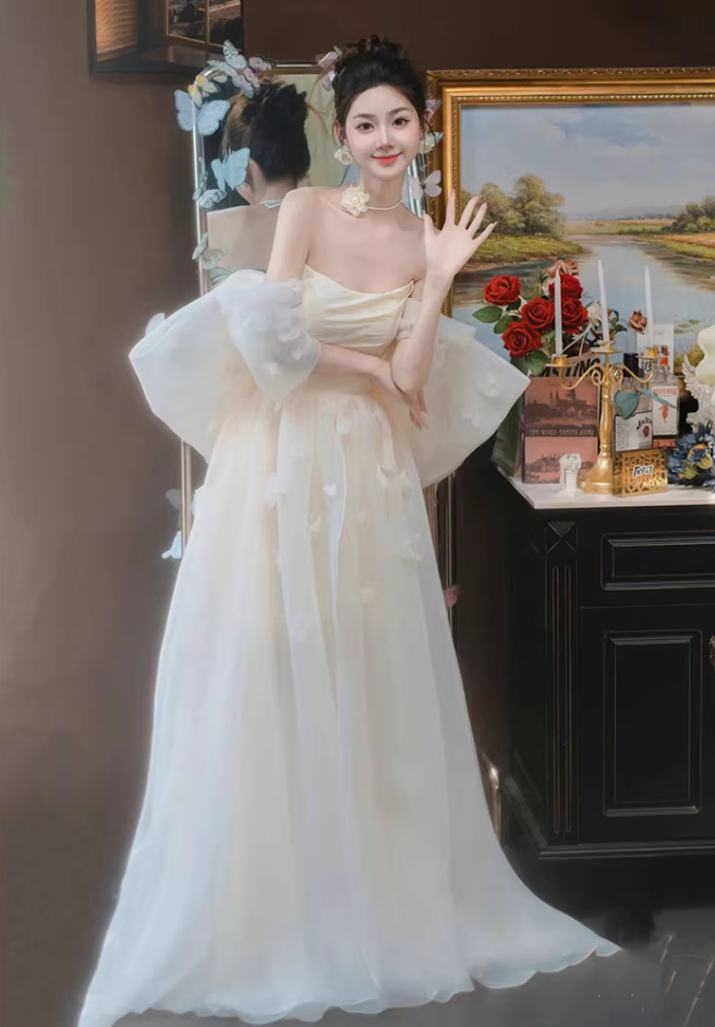 Fairy Off-Shoulder Bodice Wedding Dress Appliques A-Line Tulle Bridal Dress AP6961