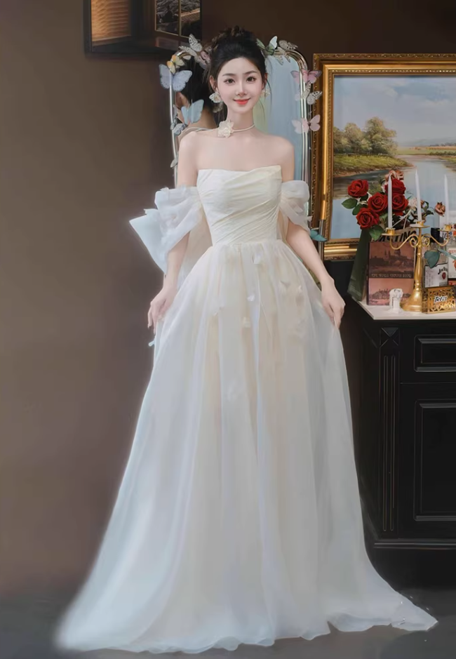 Fairy Off-Shoulder Bodice Wedding Dress Appliques A-Line Tulle Bridal Dress AP6961