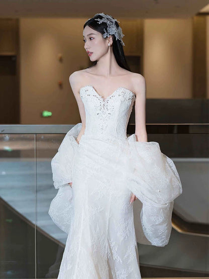 Exquisite Strapless Mermaid Wedding Dress With Shawl Sequins Lace Bridal Dress AP6962