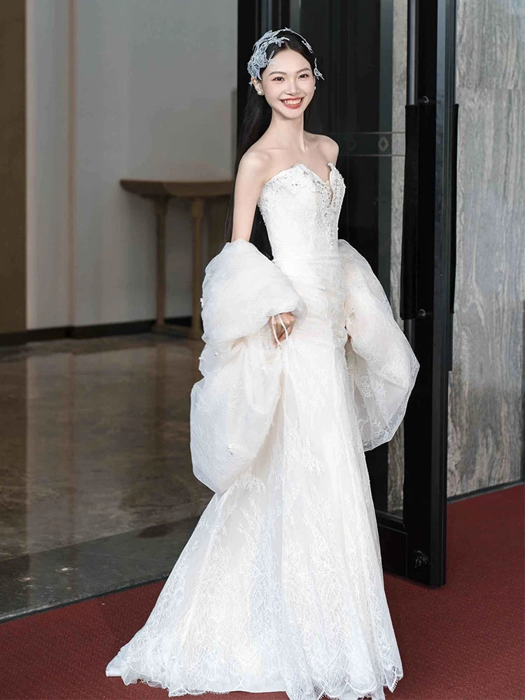 Exquisite Strapless Mermaid Wedding Dress With Shawl Sequins Lace Bridal Dress AP6962