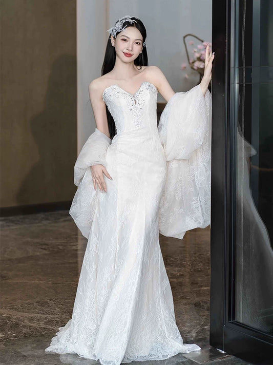 Exquisite Strapless Mermaid Wedding Dress With Shawl Sequins Lace Bridal Dress AP6962