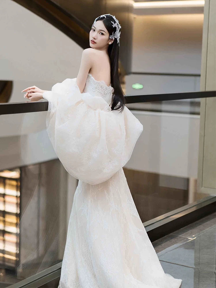 Exquisite Strapless Mermaid Wedding Dress With Shawl Sequins Lace Bridal Dress AP6962