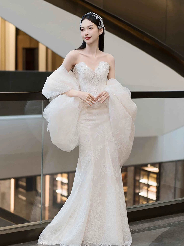 Exquisite Strapless Mermaid Wedding Dress With Shawl Sequins Lace Bridal Dress AP6962