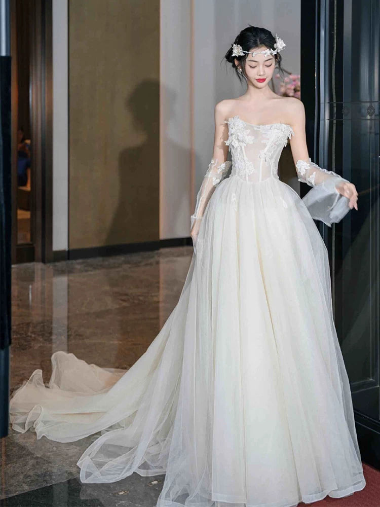 Lovely Strapless A-Line Wedding Dress With Sleeves Appliques Tulle Bridal Gowns AP6963