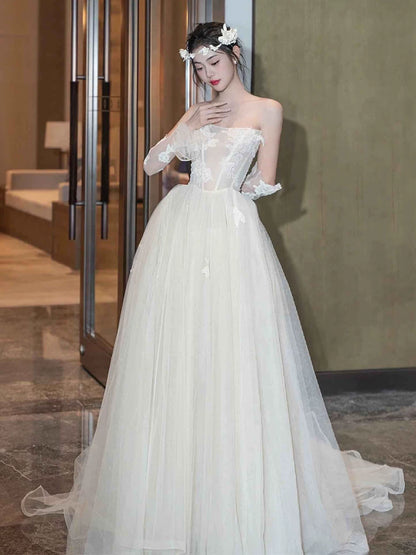 Lovely Strapless A-Line Wedding Dress With Sleeves Appliques Tulle Bridal Gowns AP6963