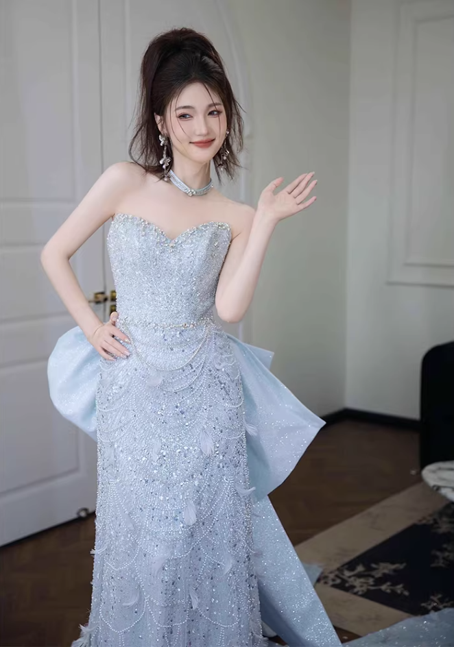 Refined Strapless Blue Prom Dress With Bow Train Feather Beads Sequins Sheath Formal Dress AP6964