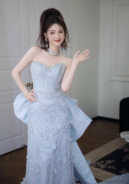 Refined Strapless Blue Prom Dress With Bow Train Feather Beads Sequins Sheath Formal Dress AP6964