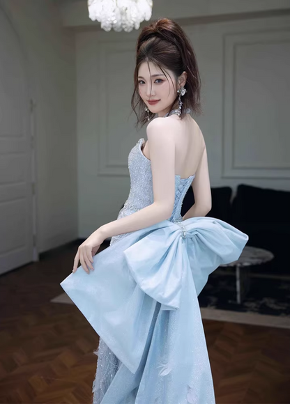 Refined Strapless Blue Prom Dress With Bow Train Feather Beads Sequins Sheath Formal Dress AP6964
