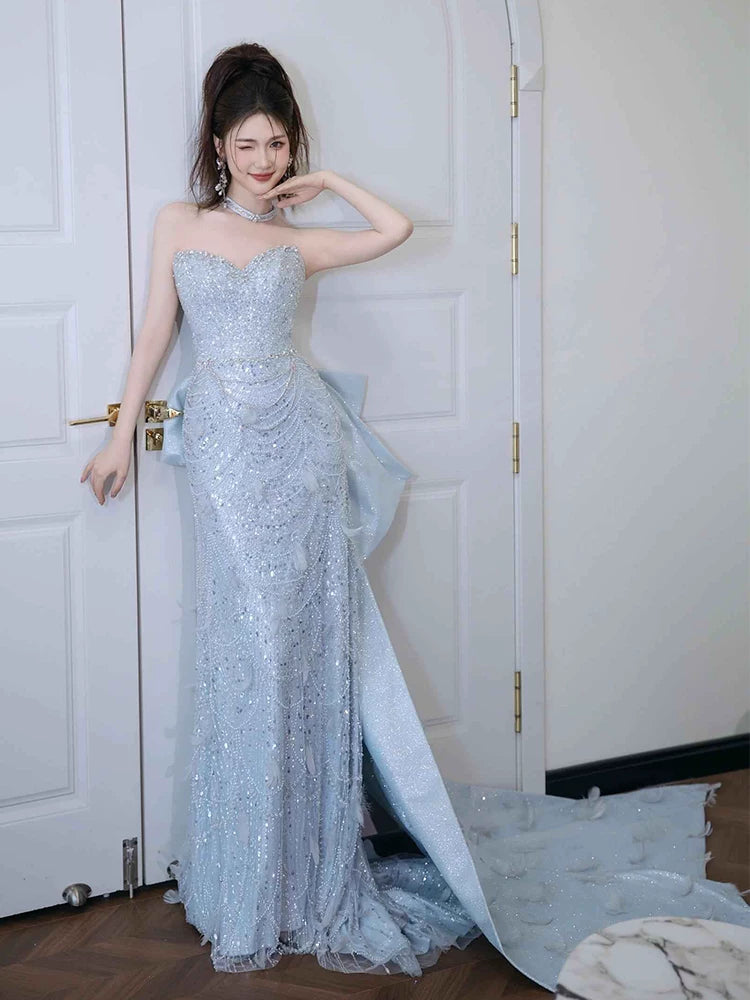 Refined Strapless Blue Prom Dress With Bow Train Feather Beads Sequins Sheath Formal Dress AP6964