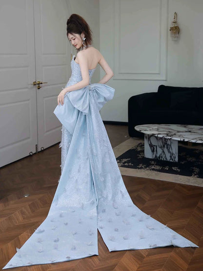 Refined Strapless Blue Prom Dress With Bow Train Feather Beads Sequins Sheath Formal Dress AP6964