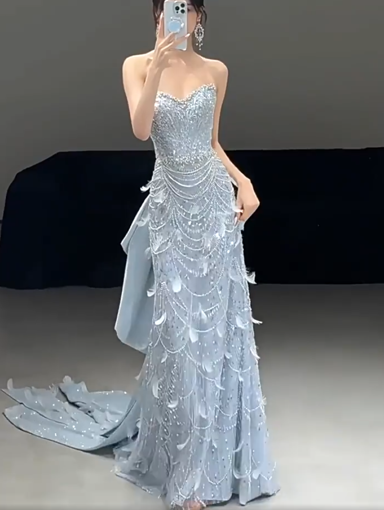 Refined Strapless Blue Prom Dress With Bow Train Feather Beads Sequins Sheath Formal Dress AP6964