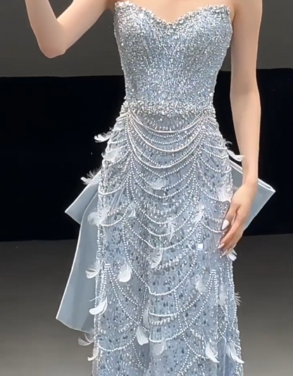 Refined Strapless Blue Prom Dress With Bow Train Feather Beads Sequins Sheath Formal Dress AP6964