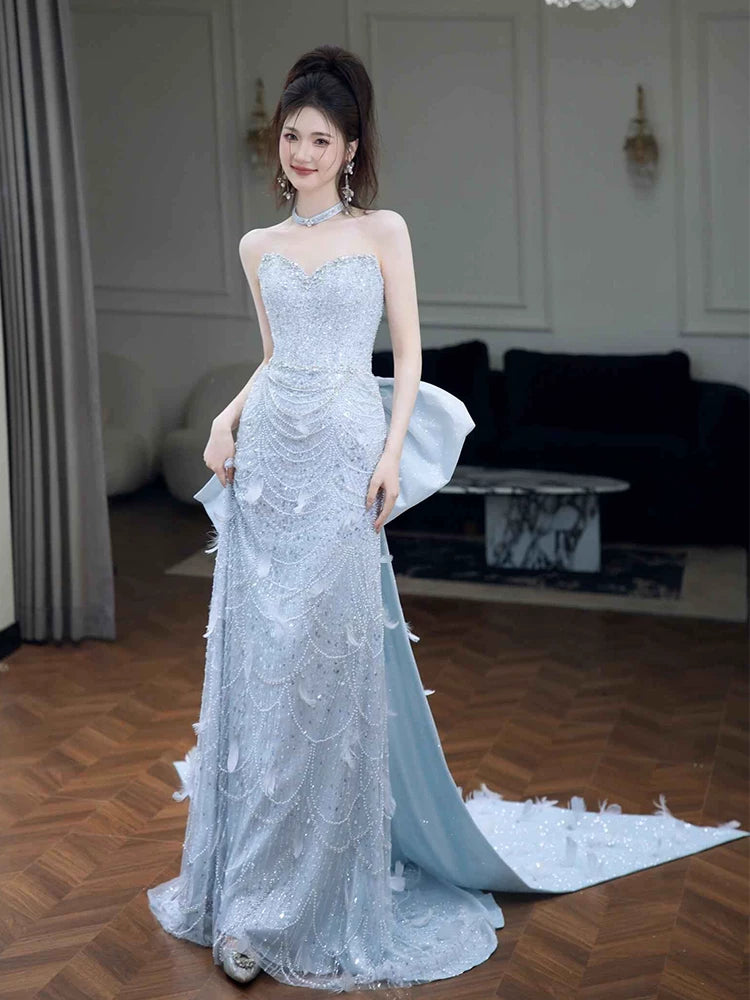 Refined Strapless Blue Prom Dress With Bow Train Feather Beads Sequins Sheath Formal Dress AP6964