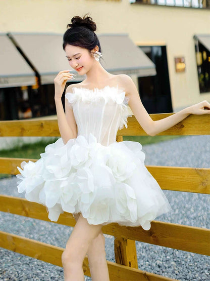 Beautiful Strapless A-Line Homecoming Dress 3D Floral White Birthday Outfit AP6965