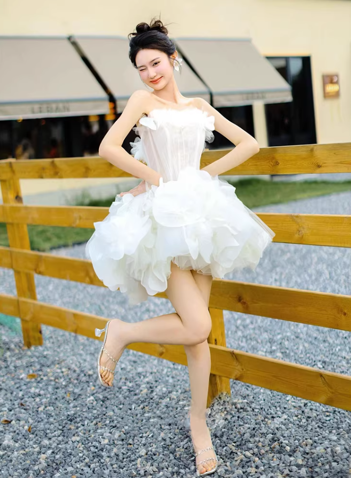 Beautiful Strapless A-Line Homecoming Dress 3D Floral White Birthday Outfit AP6965