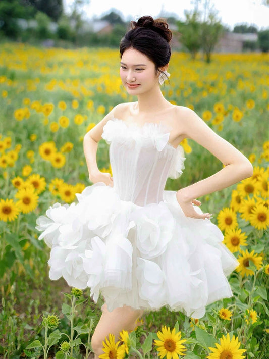 Beautiful Strapless A-Line Homecoming Dress 3D Floral White Birthday Outfit AP6965