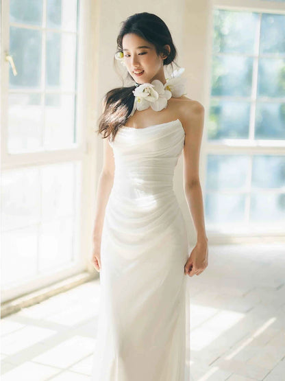 Enchanting Strapless Mermaid Wedding Dress Pleated Tulle Bridal Dress AP6966