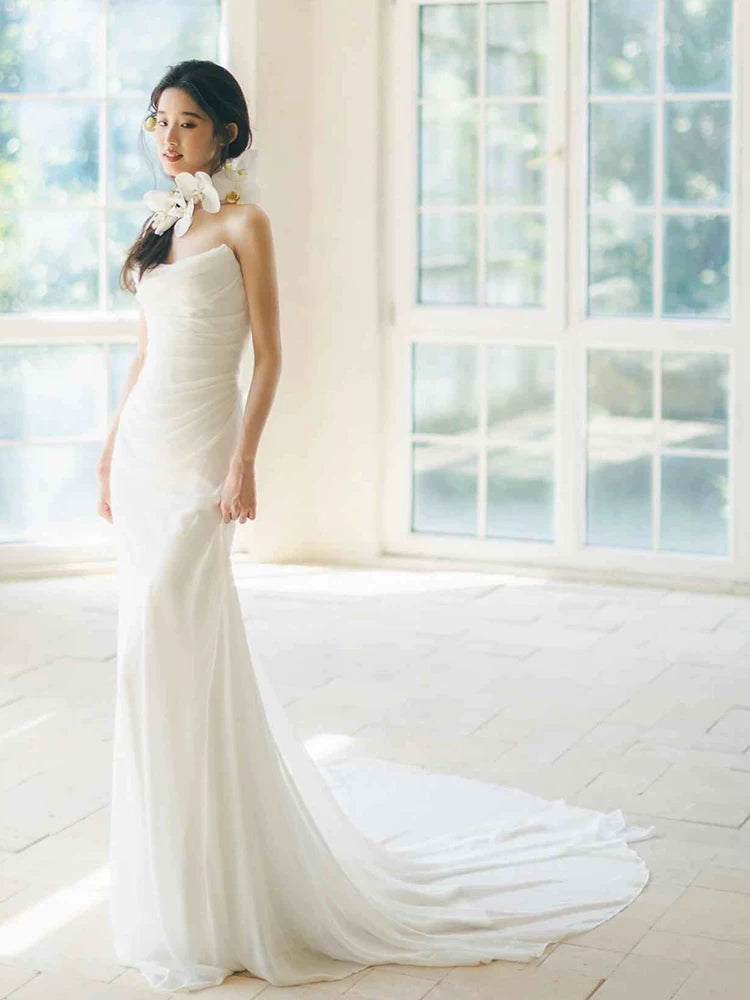 Enchanting Strapless Mermaid Wedding Dress Pleated Tulle Bridal Dress AP6966
