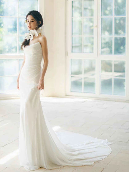 Enchanting Strapless Mermaid Wedding Dress Pleated Tulle Bridal Dress AP6966
