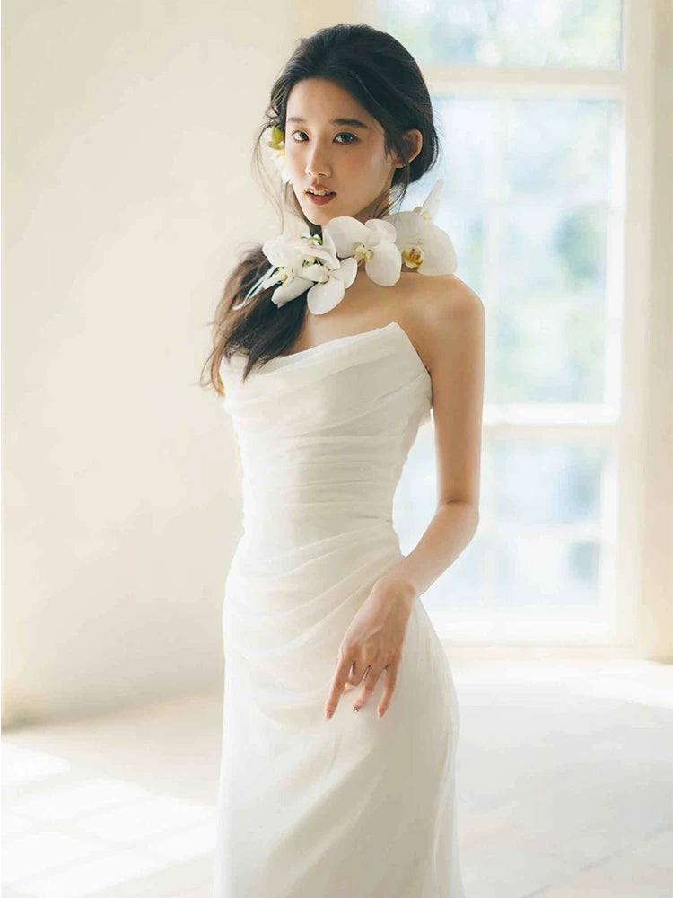 Enchanting Strapless Mermaid Wedding Dress Pleated Tulle Bridal Dress AP6966